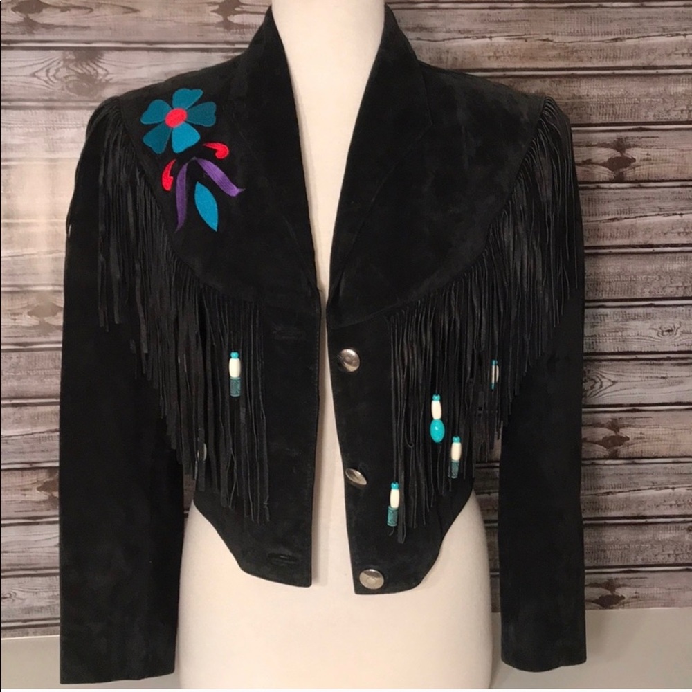 Black Suede Leather Fringe Jacket